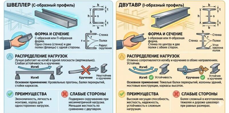 Инфографика - сравнение швеллера и двутавра
